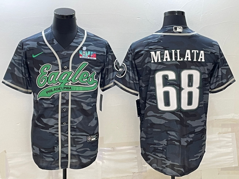 Men's Philadelphia Eagles #68 Jordan Mailata Grey Camo With Super Bowl LVII Patch Cool Base Stitched Baseball Jersey Men's Philadelphia Eagles #68 Jordan Mailata Grey Camo With Super Bowl LVII Patch Cool Base Stitched Baseball Jersey